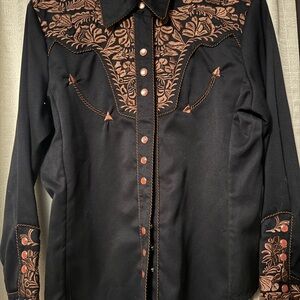 Scully Black and Brown Embroidered Button Down Shirt